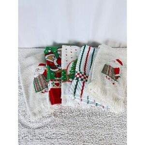 Set of 5 Vintage Christmas Hand Towels Santa Tree Cozy Holiday Decor
